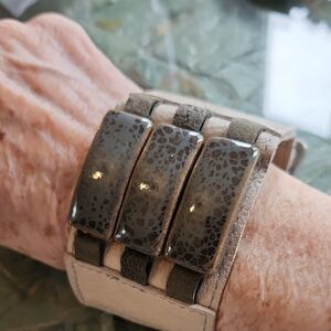 Light Brown Leather Bracelet With Gray Ceramic Accents